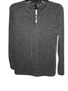 Michael Kors Black Metallic Knit Lace-Up Top Long Sleeve Size M